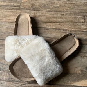 white fluffy sandals